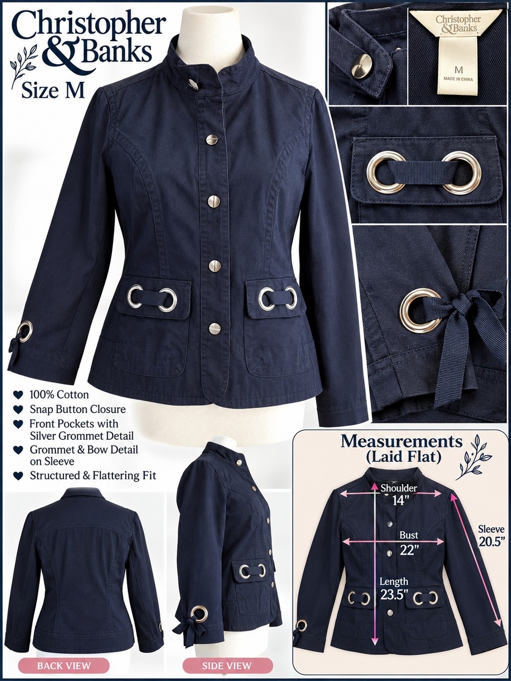 Christopher & Banks Women's Navy Cotton Snap-Front Jacket